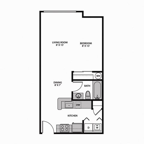 Floor plan for studio, 1 bath, 577 sqft